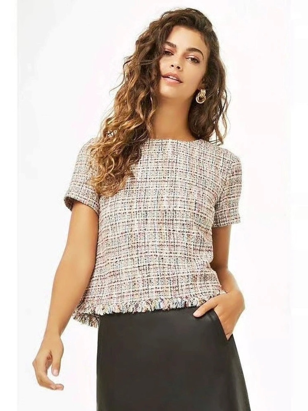 Forever 21 Short Sleeve Textured Top in Pink & Black